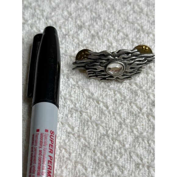 Flaming Sunburst Silver Tone Lapel Pin With Clear Gem Dual Clutches Motorcycle - Picture 4 of 6